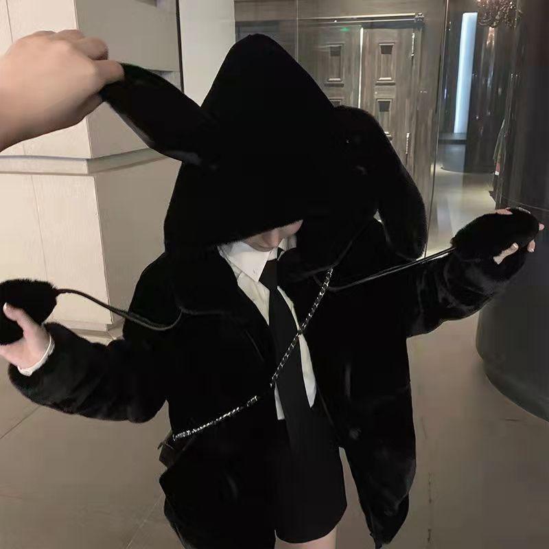 

Осенне-зимнее пальто женское с капюшоном из кроличьих ушей, мех плюшевый, имитация кашемира, флисовый утолщенный свитер женский M чёрный