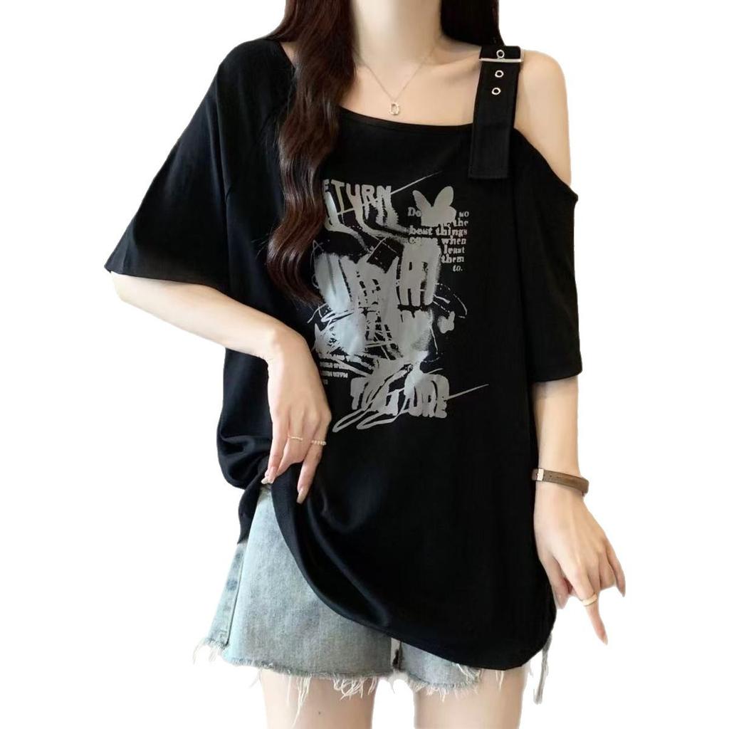 Large size fat mm American retro off-shoulder short-sleeved t-shirt women's design sense summer new loose and thin meat-covering top