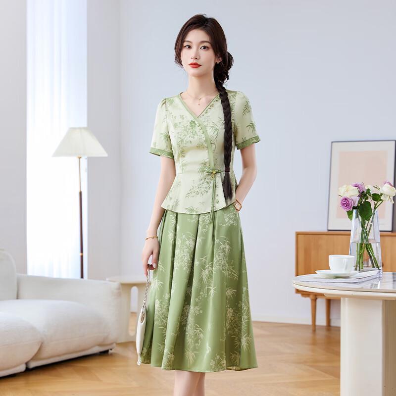 Elegant Green New Chinese Style Cheongsam Two-Piece Suit
