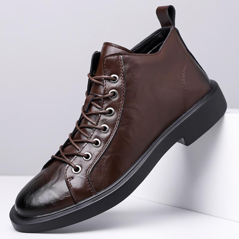 Men Black Shiny High Ankle Casual Work Boots Lace Up Flat Thick Anti Slip Sole Retro Daily Office Street Outdoor Ankle Shoes