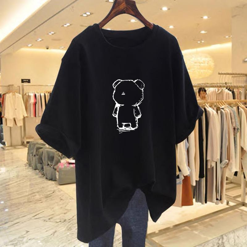 White medium and long bear print T-shirt women's summer 2025 new butt cover large size loose long t-shirt