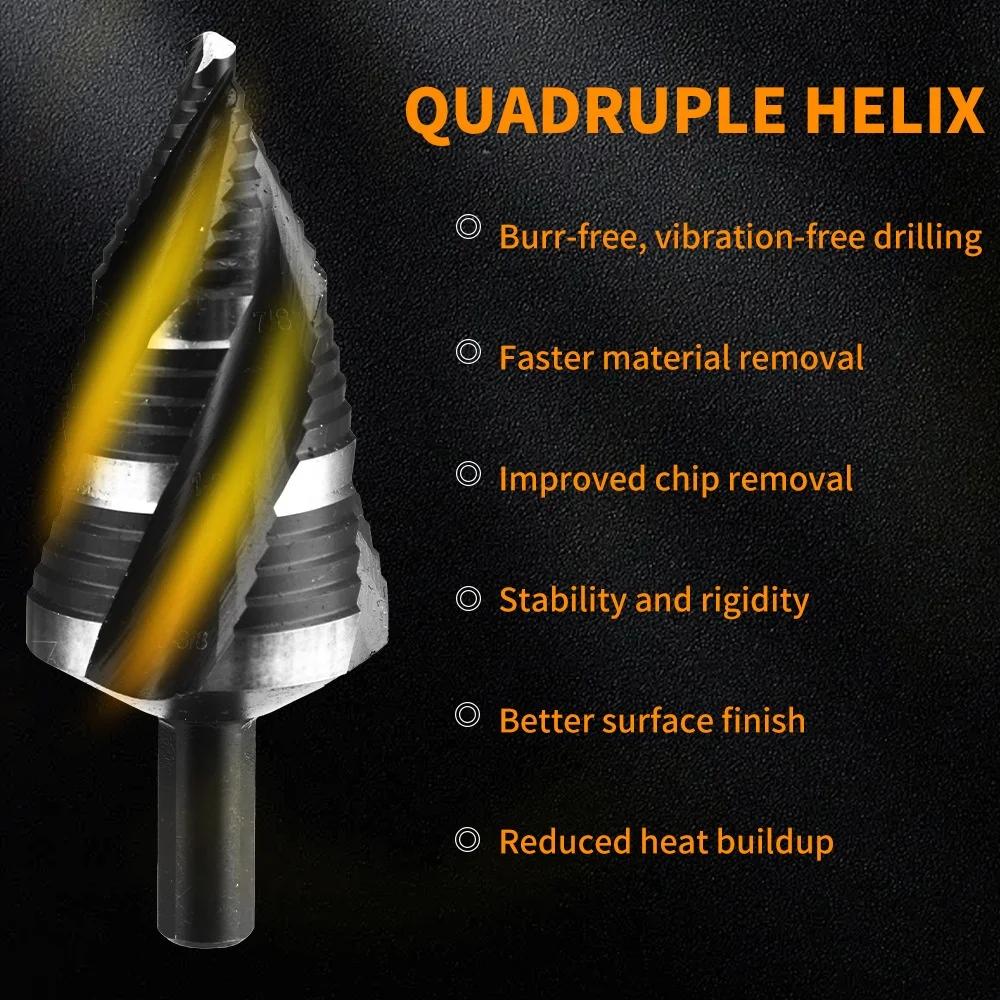 Stainless Steel Perforated Step Drill Bit 5Pcs Four Spiral Flute Step Bits for Metal 43 Sizes Titanium-Coated HSS Drill Bits Set