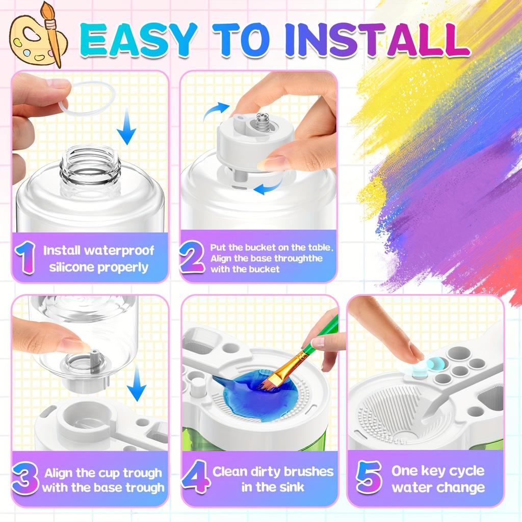 6-in-1 Paint Brush Cleaner with Water Cycle System and Palette,ABS Artist's Paint Brush Rinse Cup Holder, Automatic Washing Tool for Studio Outdoor