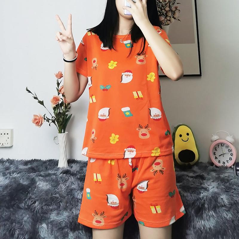 

Мультяшный женский летний пижамный комплект «Санта-Клаус» – Милый круглый вырез, короткий рукав и шорты для дома Medium