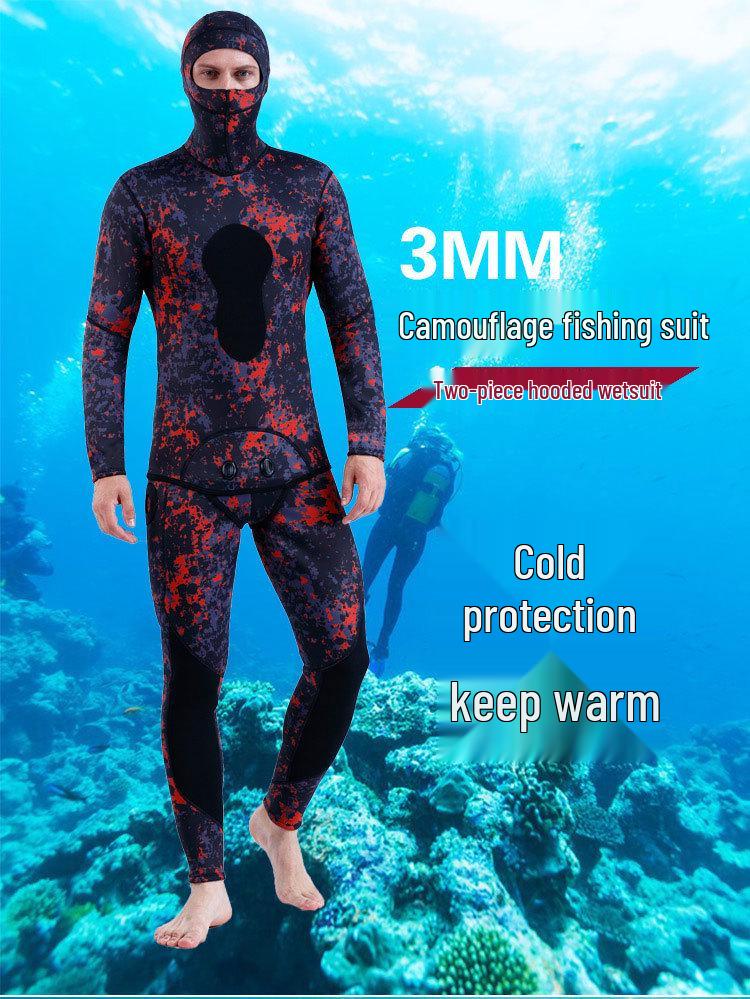 3mm Camouflage Two-Piece Wetsuit with Hood for Diving, Spearfishing, Freediving, and Snorkeling