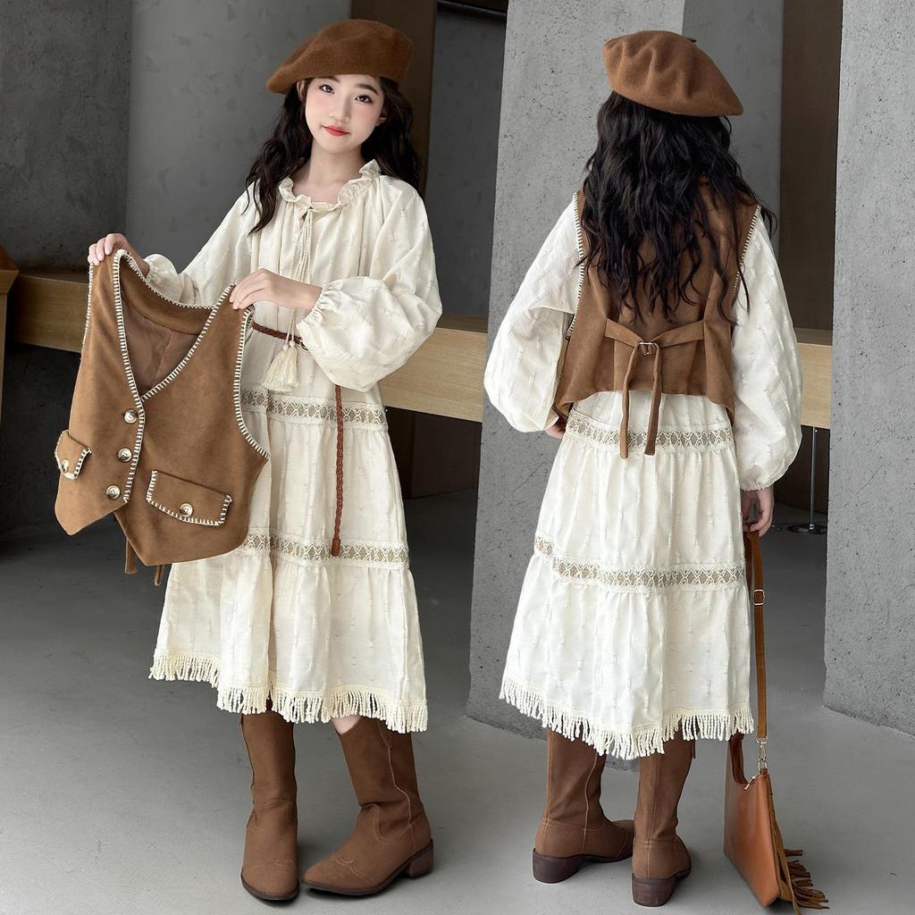 Girls' Autumn British Retro Vest & Ruched Long Dress Two-Piece Set