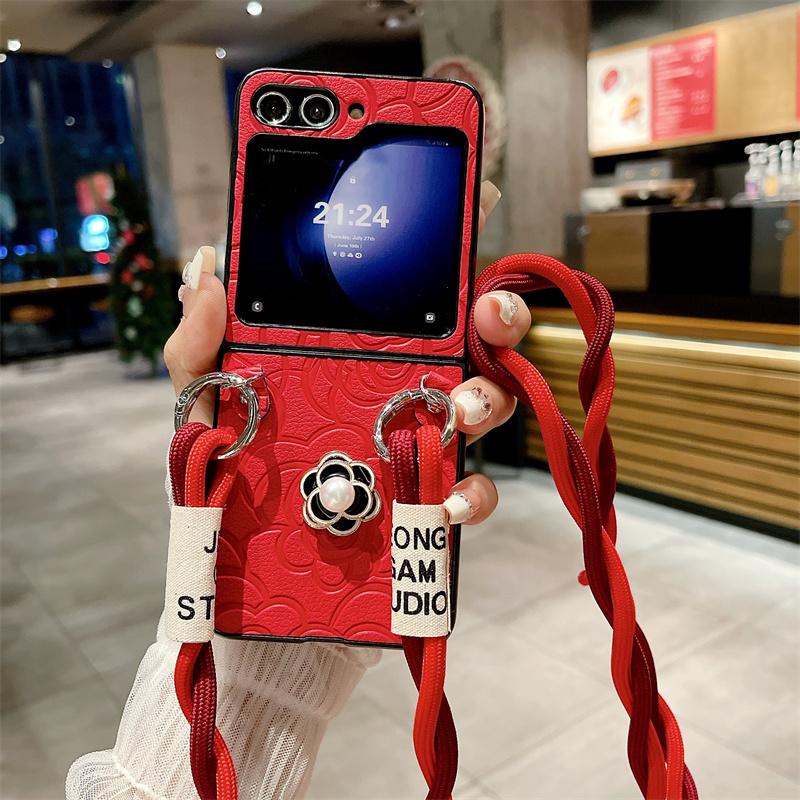Crossbody Leather Flower Phone Case for Samsung Galaxy Z Flip 6 5 4 3 Flip6 Flip5 Flip4 Flip3 5G Hard Shell Shockproof Cover