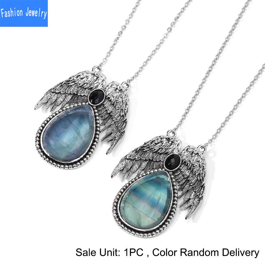 European and American Trendy Personalized Angel Wings Natural Crystal Stone Drop-shaped Pendant Necklace Jewelry