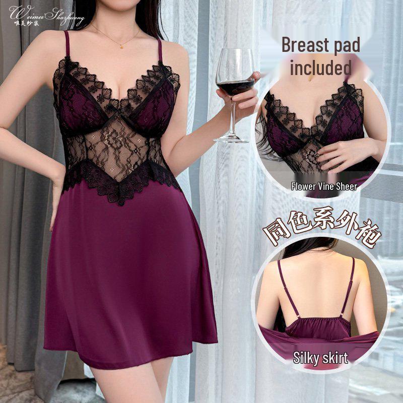 Aesthetic Floral Lace Slimming Nightgown with Padded Cups - Sexy See-through Cut-out Design Large