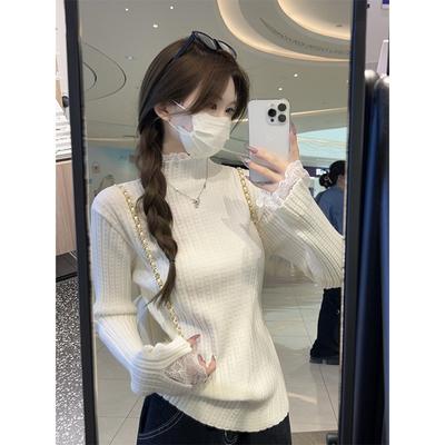 Premium Semi-turtleneck Lace Knitted Sweater Inside, Autumn and Winter Slim-fitting and Thin Top, Bottom Sweater Women