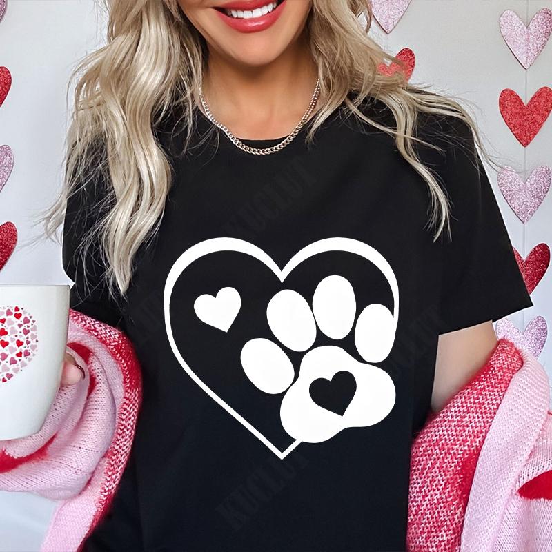 Funny Heart  Dog Paw Print Women Tshirts Fashion Summer Ladies Tshirts Short Sleeves Clothes Love Heart Fashion Casual Shirts