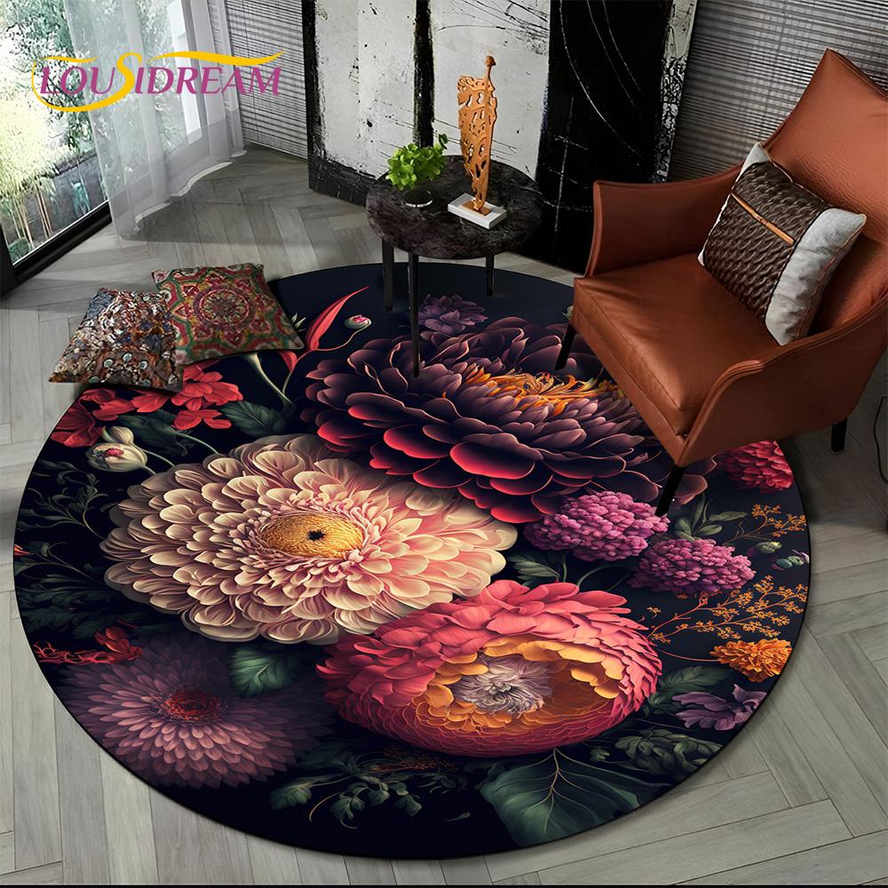 Luxuriöser Sonnenblumen 3D Rosen Nordische Gänseblümchen Runder Teppich Teppich für Wohnzimmer Schlafzimmer Sofa Dekor, Kinderbereich Teppich Rutschfeste Bodenmatte Geschenk