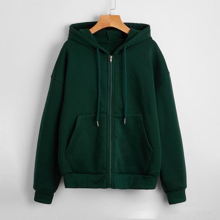 Casual Women's Loose Solid Color Fleece Zipper Jacket Long Sleeve Sweatshirt Top