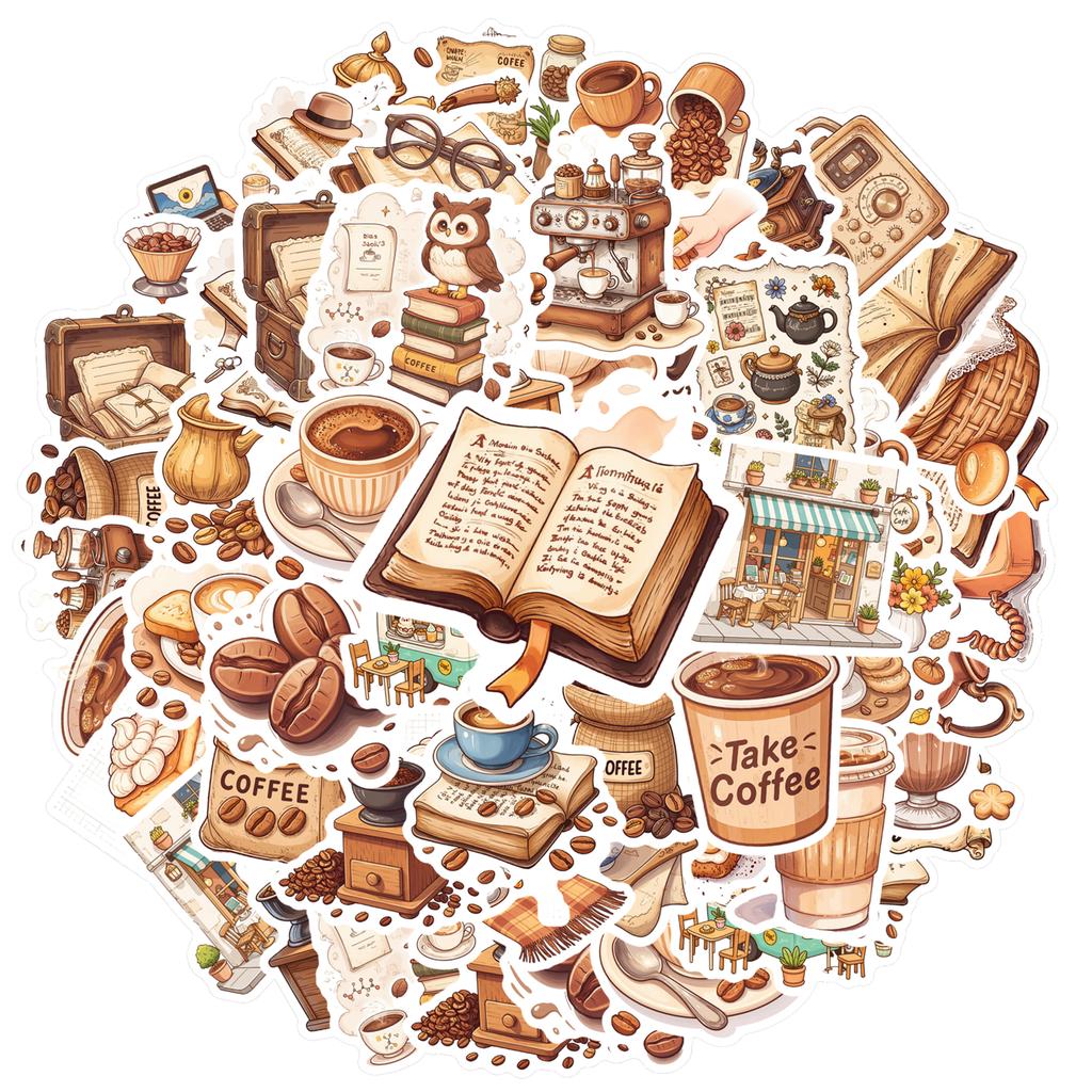 35-50pcs Vintage Coffee Stickers Retro Retro Coffee Scrapbooking Sticker Decals Diy Laptop Cup Decoration Waterproof Graffiti