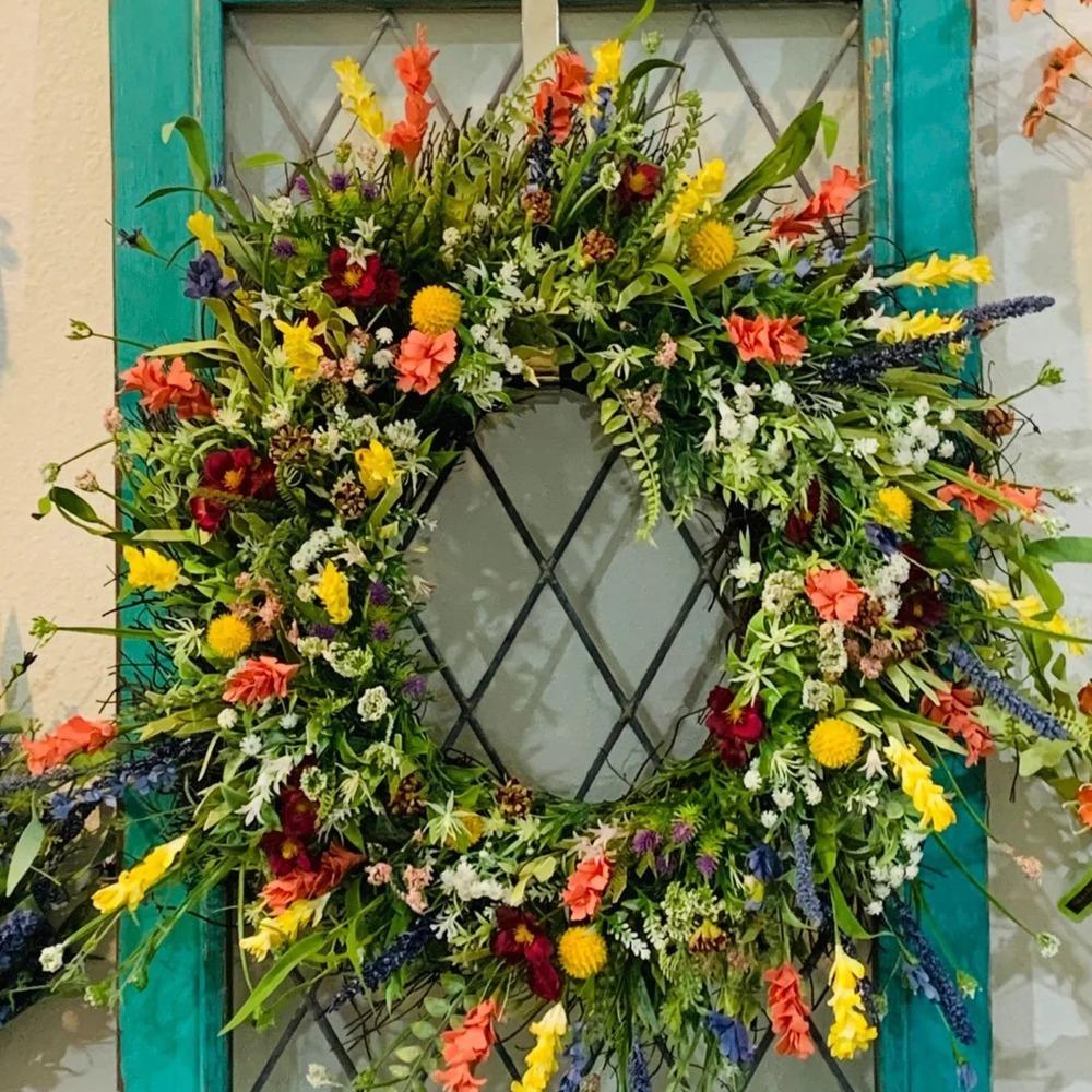 15.74 Colorful Wildflower Spring and Summer Wreath with Green Leaves, Artificial Wreath (Green, Size M)