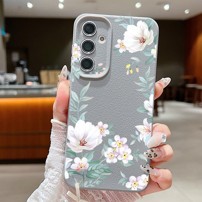 Flowers Case For Samsung Galaxy A56 A55 A54 A16 A36 A25 A15 A34 5G S25 S24 S23 Ultra Plus S24 FE Leather Texture Silicone Cover