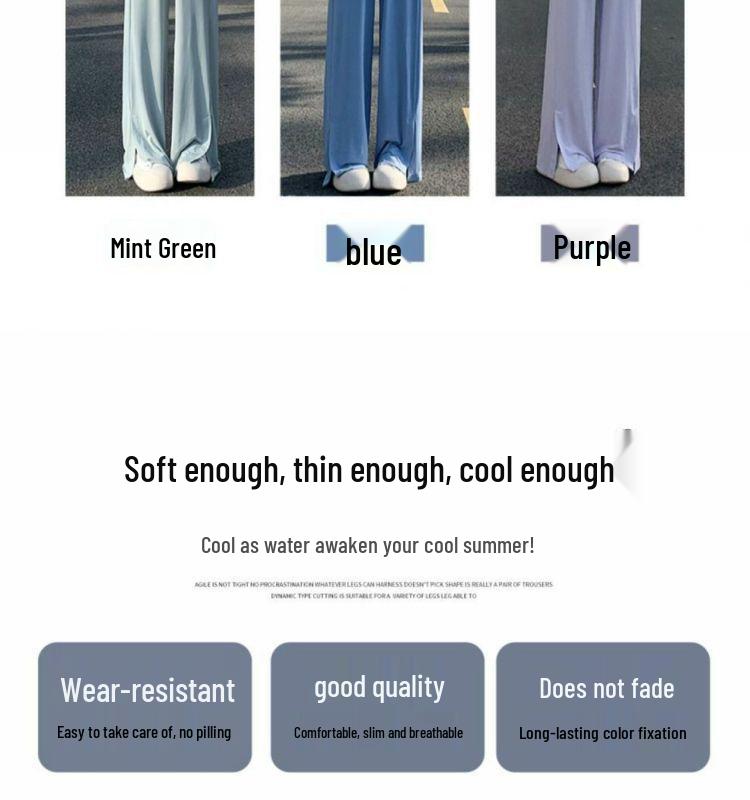 Plus Size Women's High-Waisted Wide-Leg Ice Silk Summer Pants with Split Drape and Sun Protection.