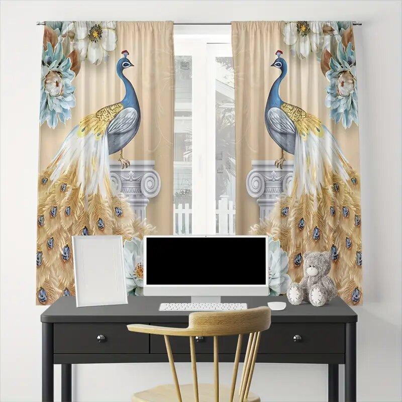 Elegant Noble Gold Blue Peacock Pattern Printed Curtains Window Decoration Home Room Curtain Polyester