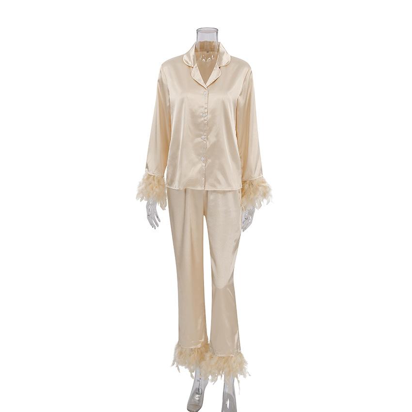 Trendy European American Ice Silk Pajama Set Fashion Ostrich Feather Shirt Long Pants Loose Fit Two Piece Home Service Outfit