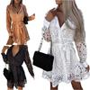 Shirt Dress Hollow Out Lace Spring Summer Slim-fitting Belted Dress for Daily Wear