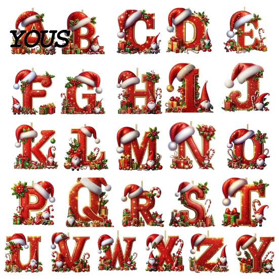Hanging Decoration 26 Pcs Letters Christmas Ornaments, A-Z Alphabet Acrylic Tree Ornament Decoration, Personalized Initial Pendant with Santa Hat for