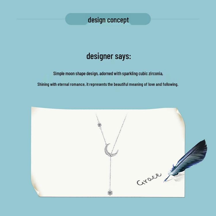 Everle Minimalist Moon Y Necklace: S925 Sterling Silver, Rhodium-Plated, Zircon Adorned Versatile Jewelry for Women.