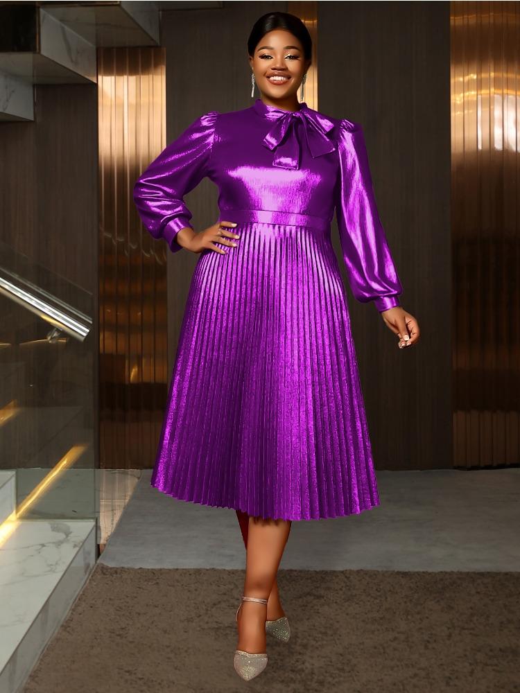 

Элегантное золотое платье А-силуэта с плиссировкой, полувысоким воротником и длинными рукавами-фонариками, повседневное офисное платье миди для женщин, винтажные наряды для вечеринок 4XL фиолетовый