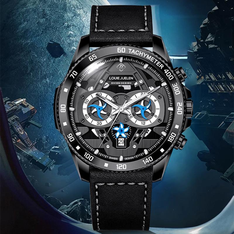 Men's Sports Watches Waterproof Real Three- Eyes Calendar Quartz Watch Leather Strap Multifunction Casual Watch Reloj Hombre
