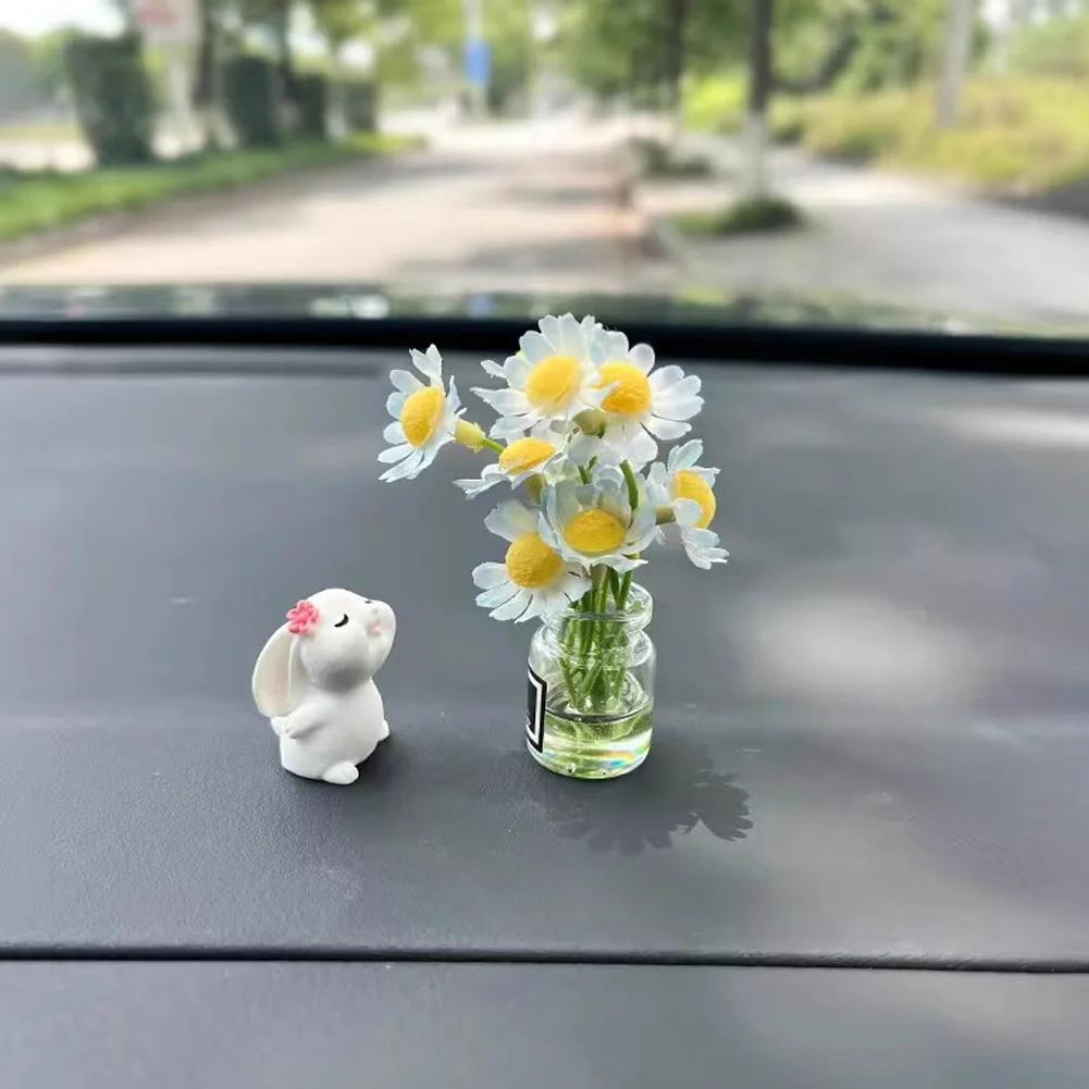 1Pc Cute Creative Bunny Daisies Car Widgets Desktop Cartoon Animal Decoration Micro-Landscape Diy Home Decor