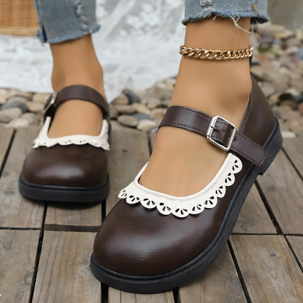 

Round head soft sole shallow mouth single shoes women s 2025 new spring and autumn retro French flat bottom with skirt lace Mary Jane shoes 40 темно-коричневого кольору