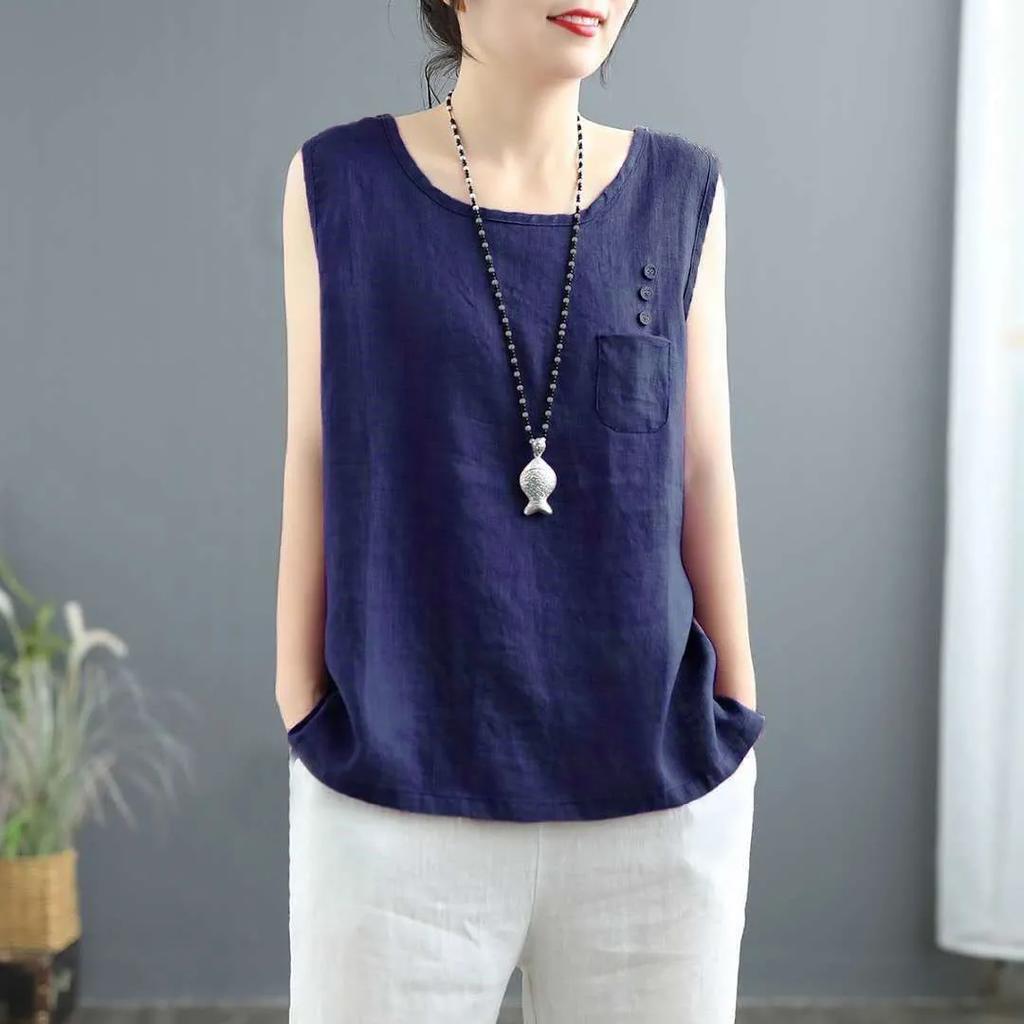 Women's Summer Solid Color Simple Literary Vest Sleeveless Round Neck Splicing Top