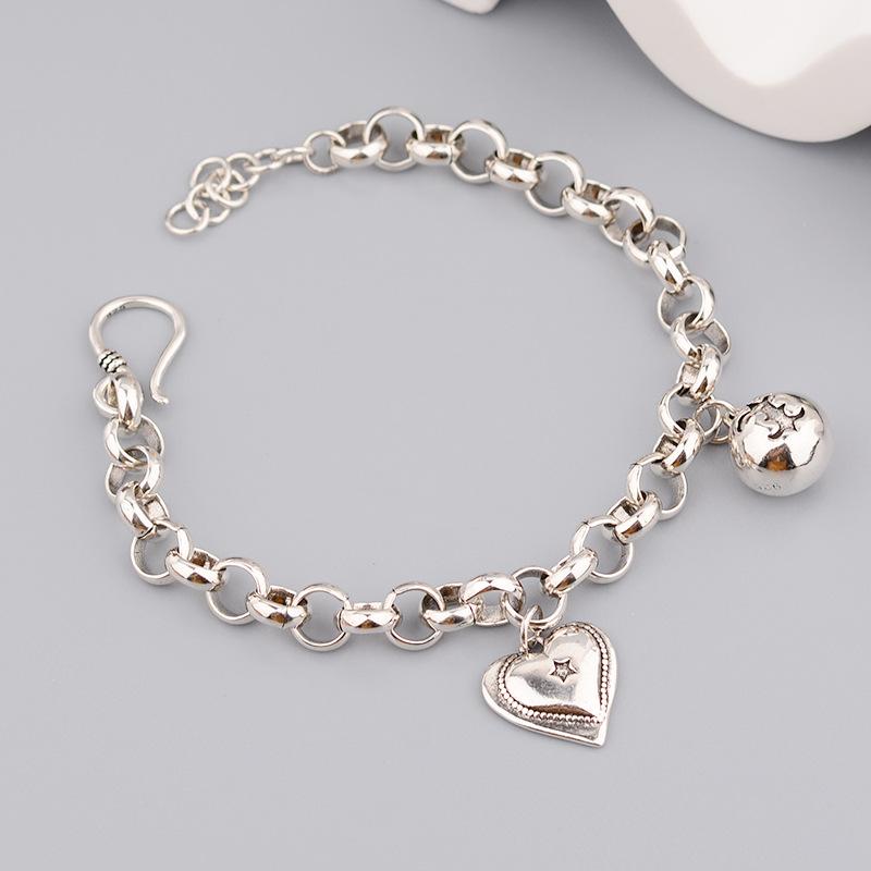 BFCLUB Silver Color Hiphop Thick Heart Ball Bracelet for Women Men Vintage Handmade Hasp Bracelet Birthday Gift S-B451