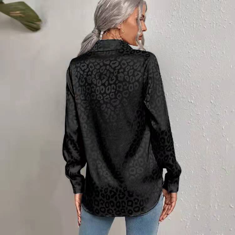 QICED Women's Spring Summer Lapel Open Button Leopard Print Jacquard Shirt Temperament Commuter Long Sleeve Shirt