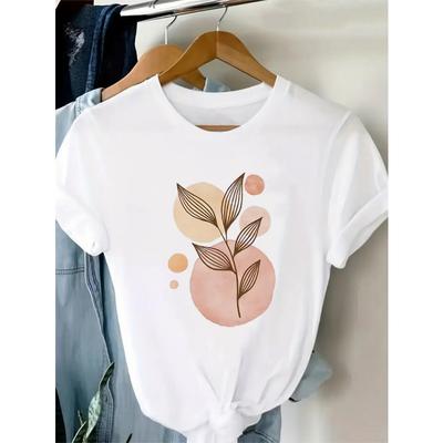 Europäische Größe Damen T-Shirt mit Blattdruck, Kurzarm - Lässige Rundhalsbluse aus Stoff mit mittlerer Dehnbarkeit, Ein Muss für die Frühjahrs-/Sommer-/Herbstgarderobe,