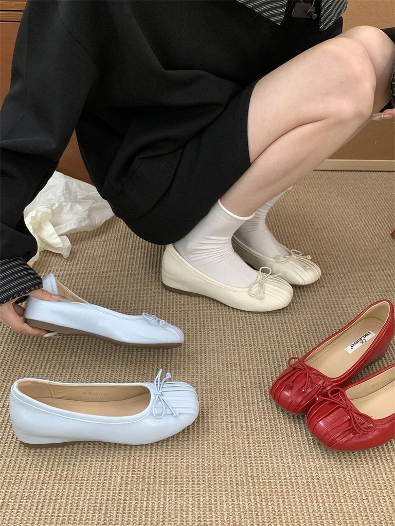 inner height increase 4cm bow ballet shoes women's single shoes 2025 summer new light mouth pleated soft sole silver ladyshoes