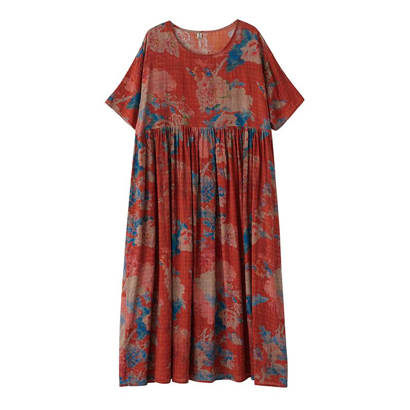 DIMANAF 2025 Summer Plus Size Dress Women Casual Vintage Long Dress Loose Basic Flower Printing Dress