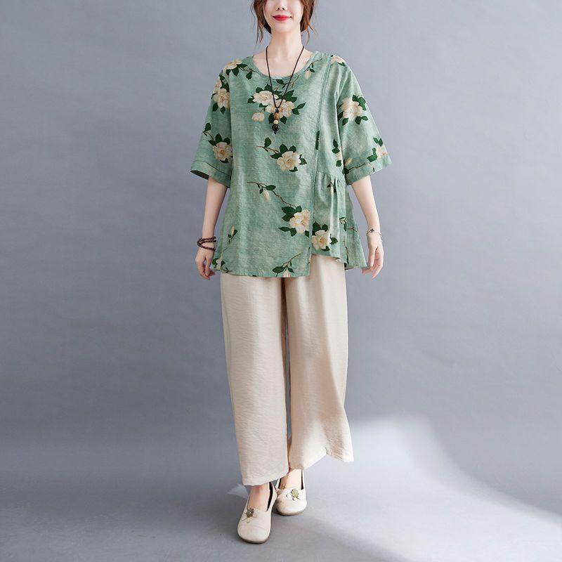Móda pro matky středního věku Letní bavlněný a lněný oblek Letní luxusní nadměrná velikost Dvoudílný set s krátkým rukávem Tričko s krátkým rukávem + Kalhoty se širokými nohavicemi