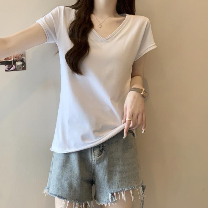 

Large size women s 2025 summer new foreign style loose belly cover short-sleeved T-shirt fat mm front shoulder thin v-neck half-sleeved top S белый