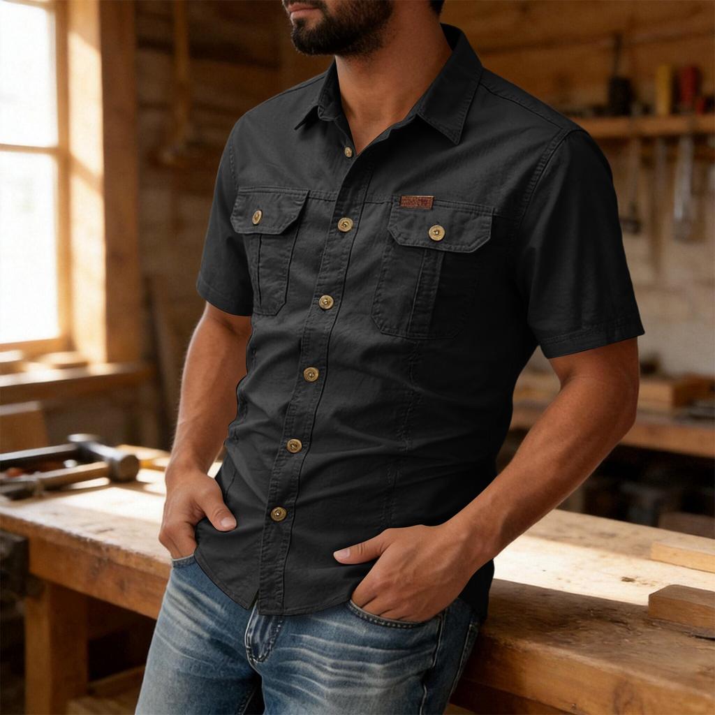 Men's Short Sleeve Button Down Shirt Collar Loose Fit Work Shirt with Pockets Color Casual Everyday Wear
