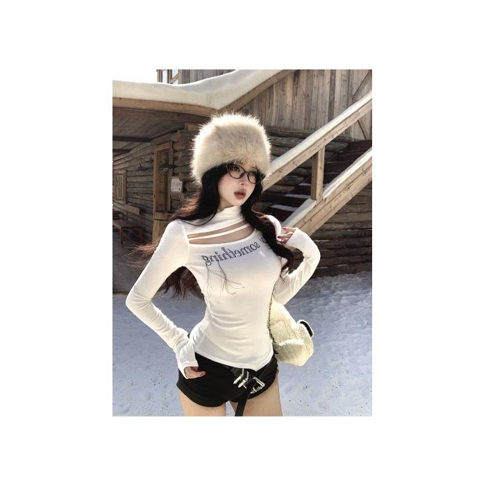 Women s Winter Brushed Cotton Letter Print Slimming Long Sleeve Cutout Top Extra Large белый