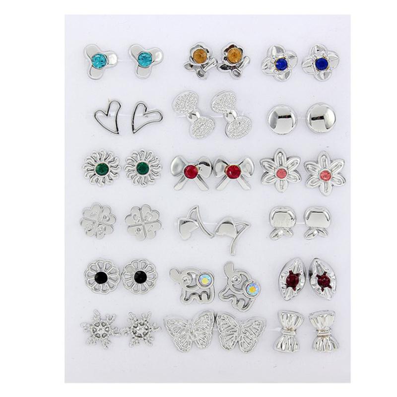 36Pairs Mixed Earrings Crystal Rhinestone Bear Butterfly Bowknot Flower Heart Stud Earrings