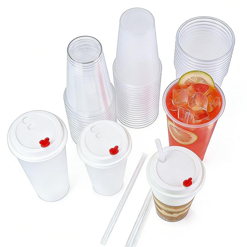 90mm Mouth Commercial PP Injection Cups  Disposable Milk Tea Cups with Lids Thickened High Transparent Plastic Drink CupsLarge Caliber Straws
