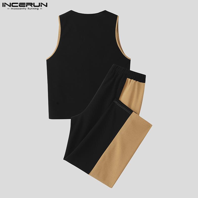 INCERUN Men V Neck Sleeveless Stitching Waistcoat and Long Pants Outfits Sets