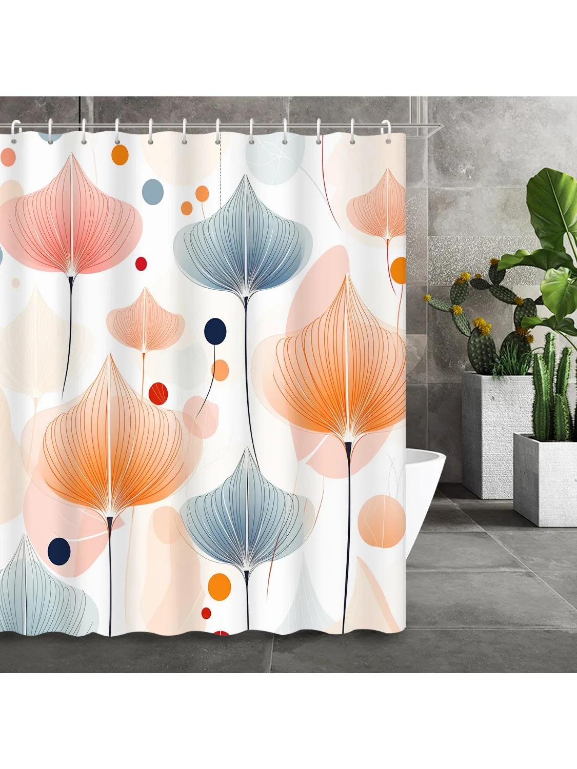 

1pc Abstract Geometric Color Line Leaf Floral Printed Shower Curtain, Polyester Fabric with 12 Hooks, Bathroom Accessory W90xH180cm