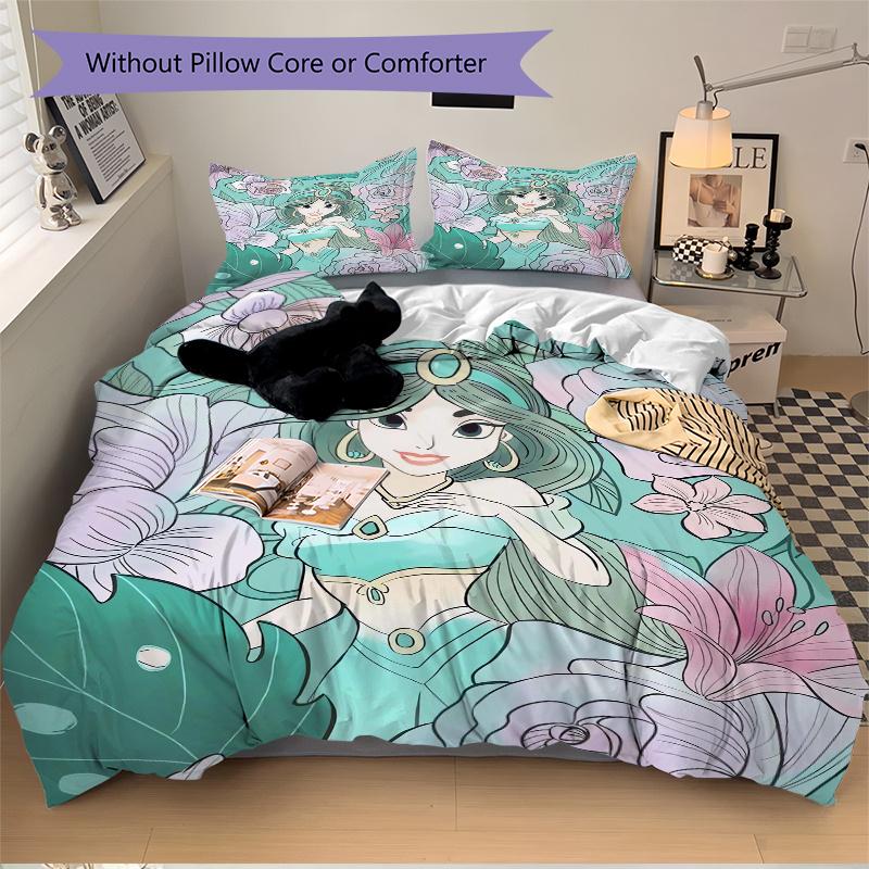 3pcs Green Princess Jasmine Printed Quilt Set Soft and Comfortable Quilt Cover for Bedroom, Guest Room Bedding Set B058