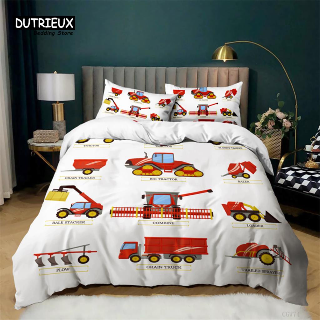 Boys Cartoon Car Duvet Cover Twin King Kids Construction Vehicles Bedding Set Microfiber Cartoon Machinery Truck Comforter Cover