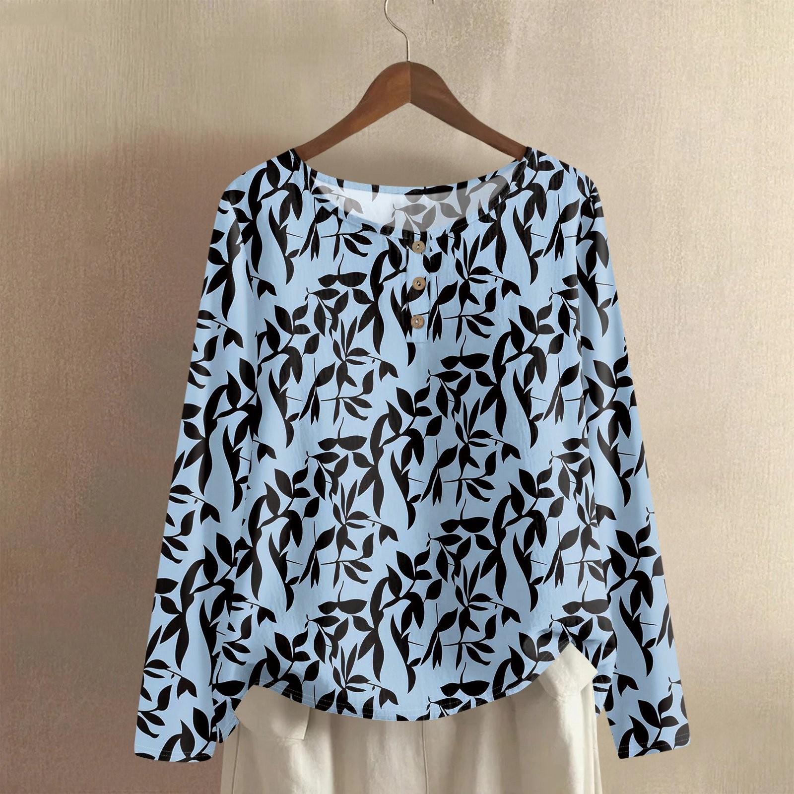 

Women s Fashionable And Casual Shirt Long Sleeve Round Neck Solid-color Cotton And Linen Blouse Top S синій