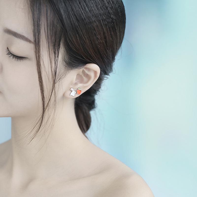 Cute Asymmetrical Rabbit Carrot Earrings - 925 Silver, Simple, Fun Design for Students and Girls