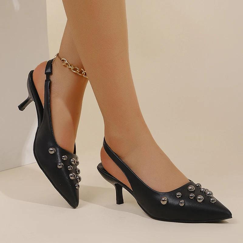 Fashion Zoki Fashion Rivets High Heel Sandals Women Sexy Pointed Toe Thin Heel Mules Pumps Woman Elegant Slip On Black Sandals Ladies