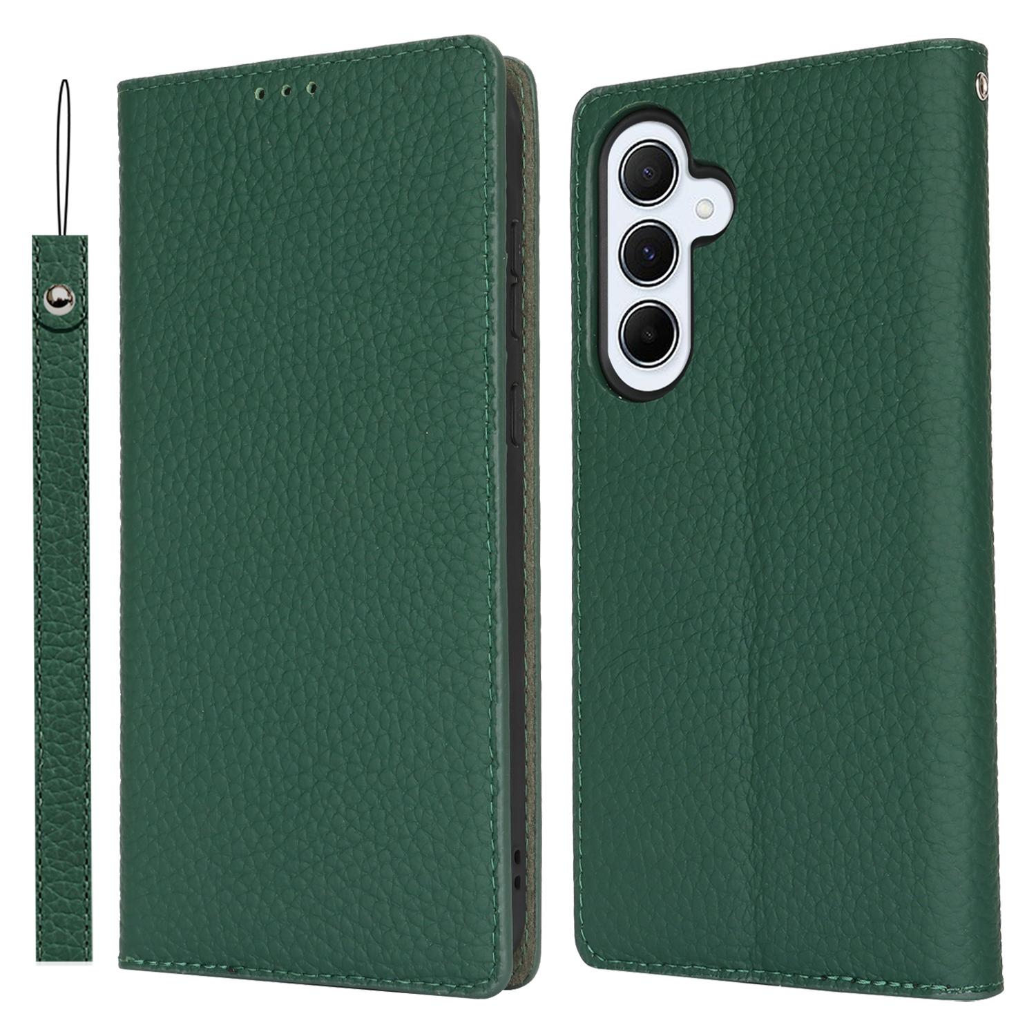 

Для Samsung Galaxy A55 5G Чехол-кошелек Чехол для телефона из натуральной коровьей кожи Текстура личи Green